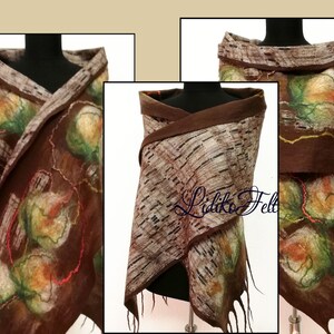 Two Sided Wool Silk Felted Scarf BROWN BEIGE Flowers Women Nunofelted Shawl Wrap Autumn Winter Colors image 1