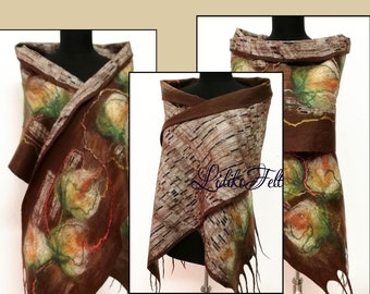Two Sided Wool Silk Felted Scarf BROWN BEIGE Flowers Women Nunofelted Shawl Wrap Autumn Winter Colors