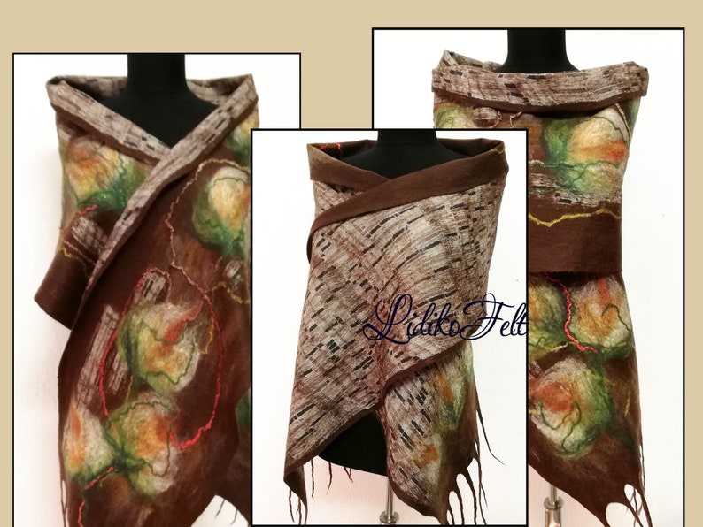 Two Sided Wool Silk Felted Scarf BROWN BEIGE Flowers Women Nunofelted Shawl Wrap Autumn Winter Colors image 1