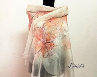 WHITE Purple Pink BRIDAL Shawl Evening WEDDING Wrap Nuno Felt Scarf Silk Wool Boho Art to Wear Summer Autumn Spring Winter Stoles Scarves