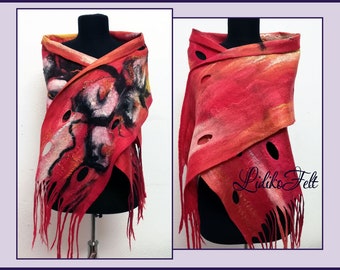 Two Sided Felted Merino Wool Scarf in RED and BLACK WHITE Flowers Felt Art to Wear Boho Spring Autumn Winter Women Wearable Art Gift