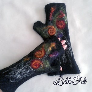 BLACK Felted Wool Fingerless Gloves RED Flowers Women Wool Mittens image 1