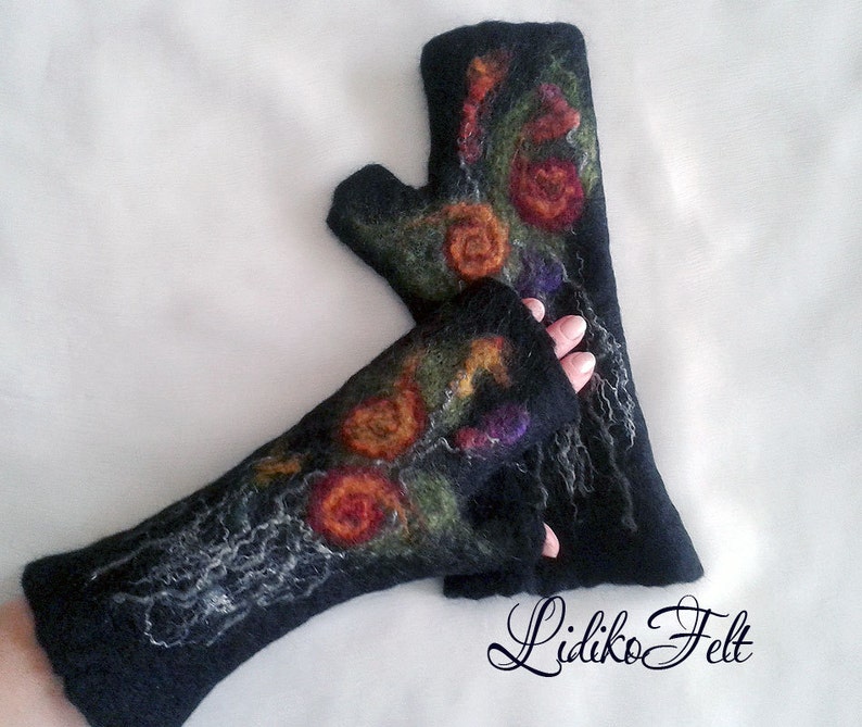 BLACK Felted Wool Fingerless Gloves RED Flowers Women Wool Mittens image 1