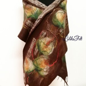 Two Sided Wool Silk Felted Scarf BROWN BEIGE Flowers Women Nunofelted Shawl Wrap Autumn Winter Colors image 6