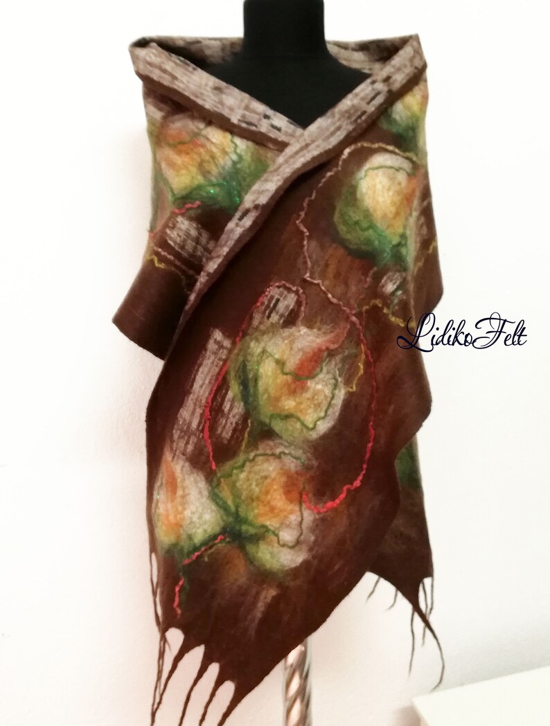 Two Sided Wool Silk Felted Scarf BROWN BEIGE Flowers Women Nunofelted Shawl Wrap Autumn Winter Colors image 6