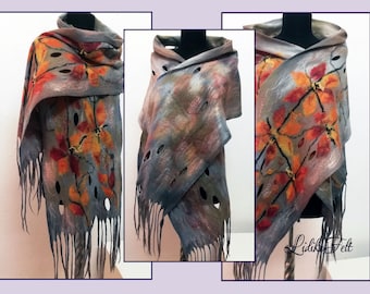 Two Sided Felted Merino Wool Silk Scarf AUTUMN COLORS GREY Beige Orange Red Flowers Shawl Wrap Autumn Winter Spring, Art to Wear Women Gift