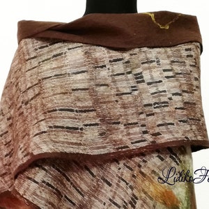 Two Sided Wool Silk Felted Scarf BROWN BEIGE Flowers Women Nunofelted Shawl Wrap Autumn Winter Colors image 4