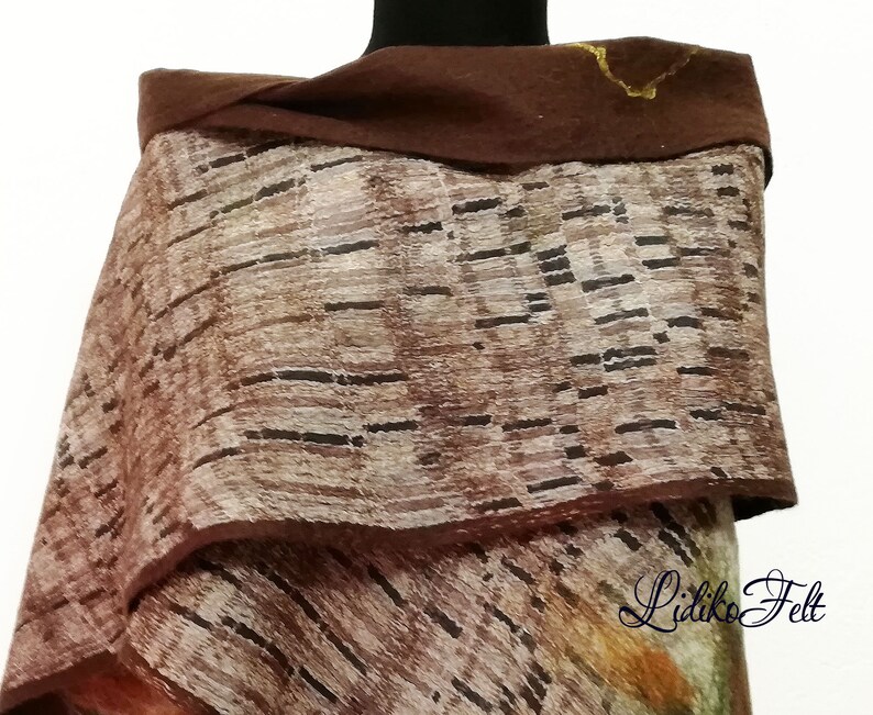 Two Sided Wool Silk Felted Scarf BROWN BEIGE Flowers Women Nunofelted Shawl Wrap Autumn Winter Colors image 4