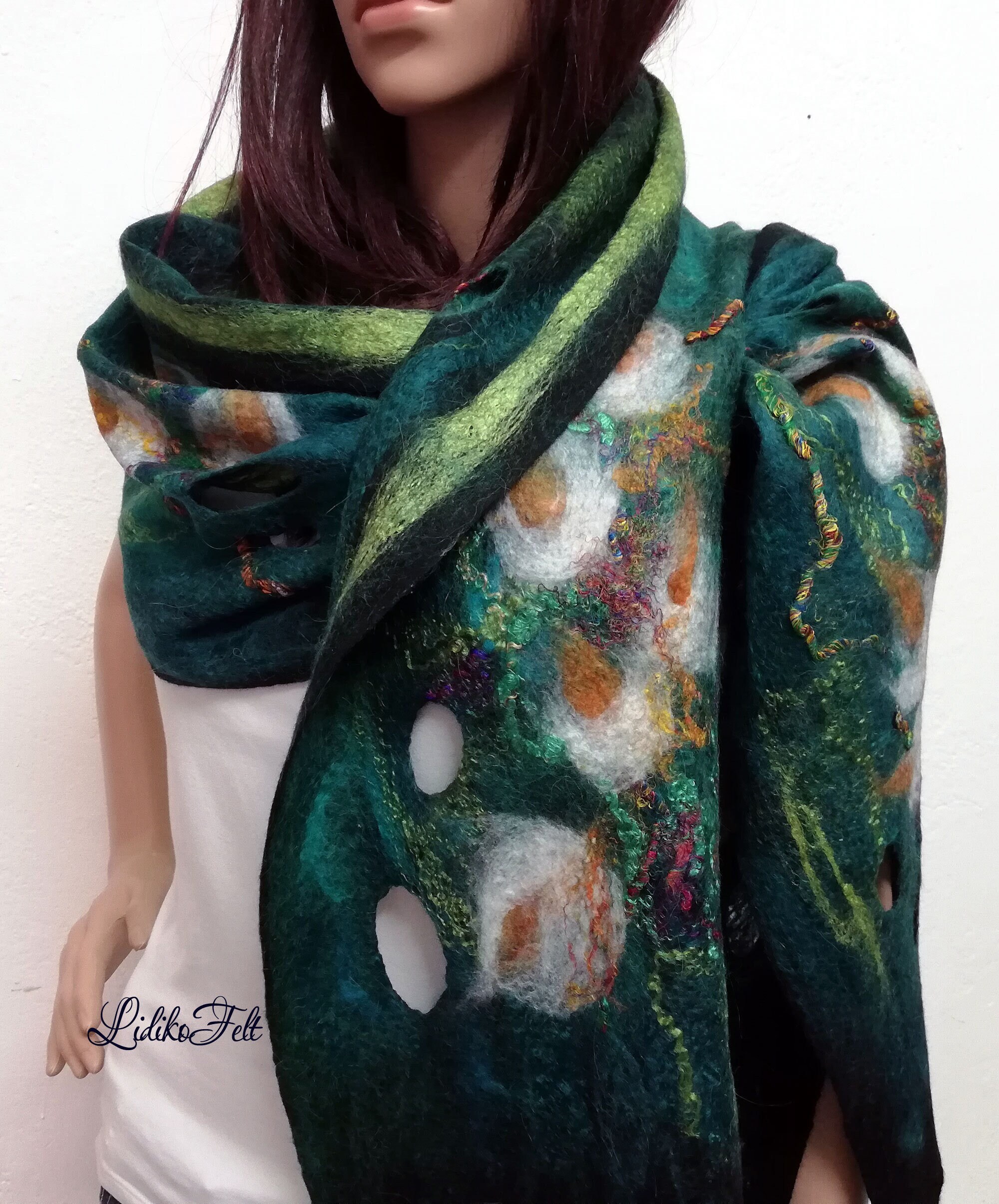 Felted Wool Cobweb Scarf Shawl Wrap GREEN BLACK FLOWERS Autumn Winter Spring Summer women gift, Art to Wear, Felt Art, Wearable Women Art