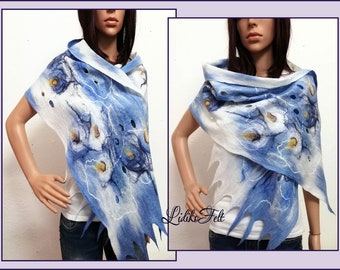 Gefilzte Wolle Spinnennetz Schal Schal Wrap BLUE WHITE BLUMEN Herbst Winter Frühling Sommer Frauen Geschenk, Kunst zu Tragen, Filzkunst, tragbare Frauen Art