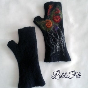 BLACK Felted Wool Fingerless Gloves RED Flowers Women Wool Mittens image 2