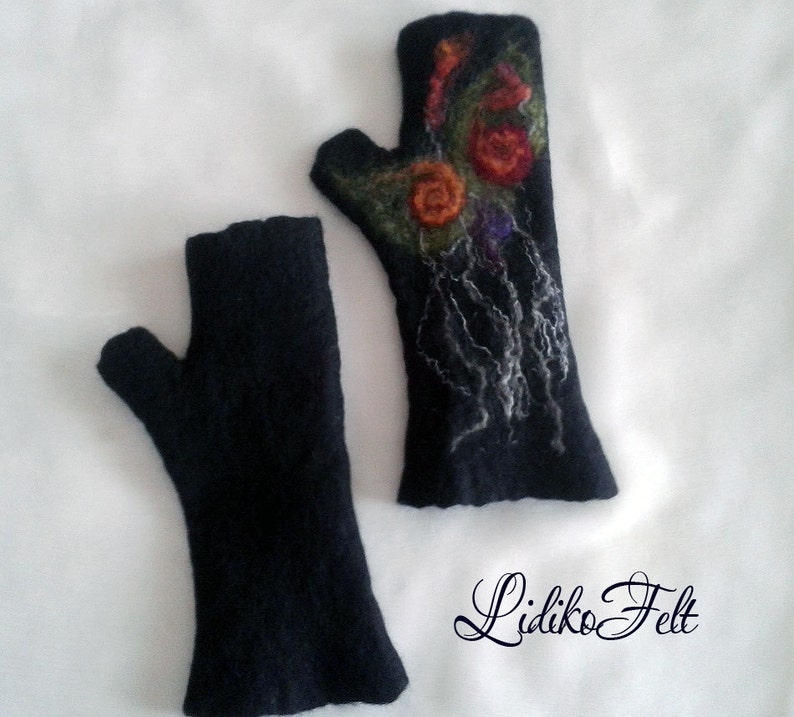 BLACK Felted Wool Fingerless Gloves RED Flowers Women Wool Mittens image 2