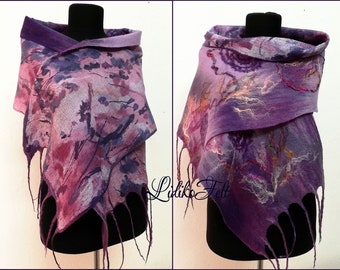 Two Sided Silk Wool Nunofelted Scarf BLUE Shades Of PURPLE  LILAC Women Shawl Wrap Autumn Winter Spring Gift