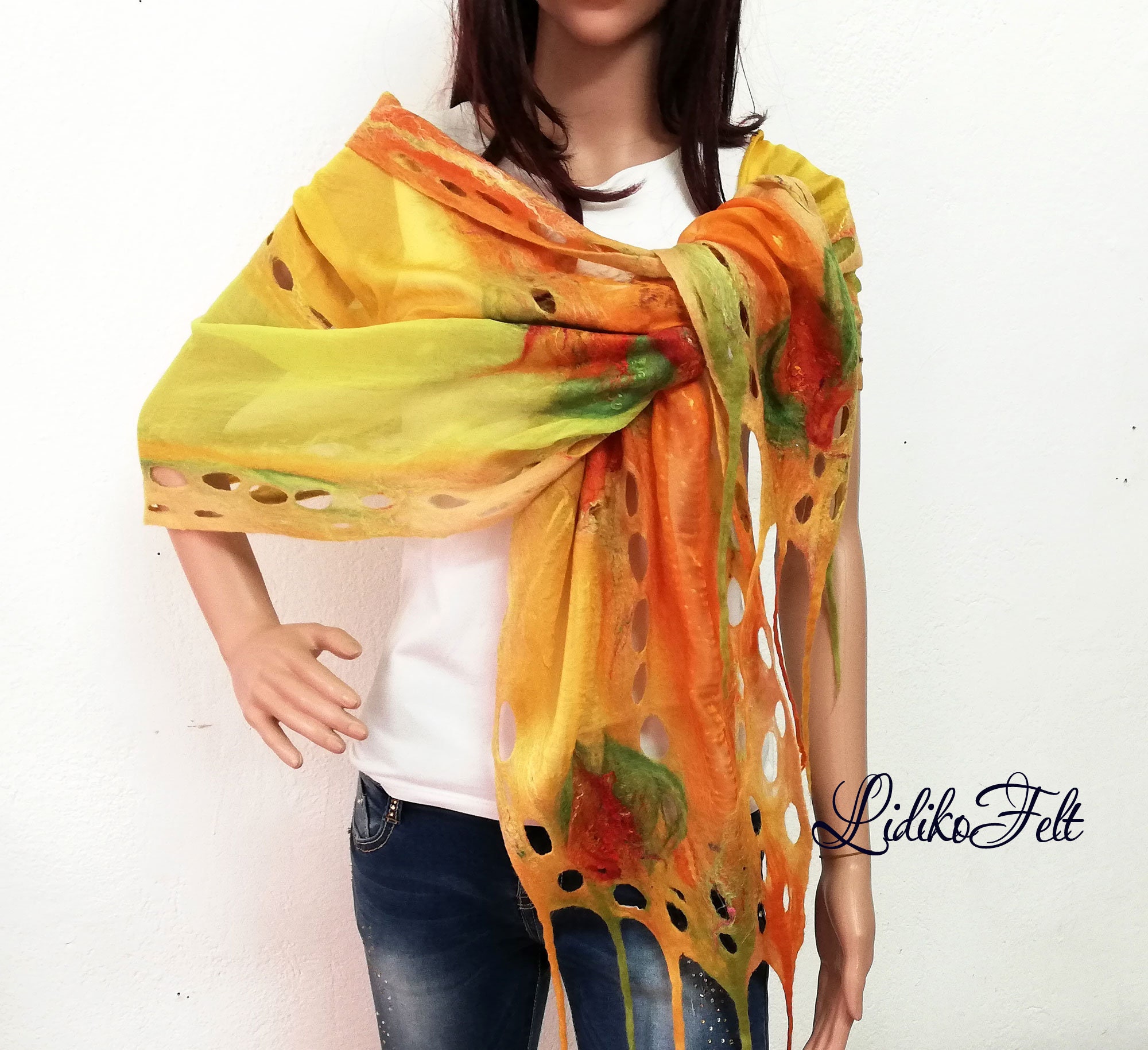 ORANGE Boho Art to Wear Summer Wearable Art Autumn Shawl Wrap Silk Merino Nunofelted Scarf GREEN Women Spring YELLOW