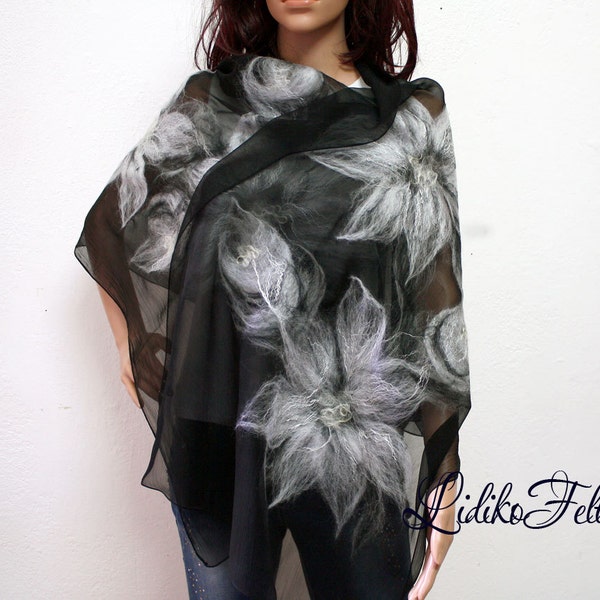 Nuno Felted Silk Scarf Shawl Wrap in BLACK WHITE Flowers