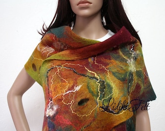 GREEN, RED, YELLOW, Orange Felted Wool Scarf Shawl Wrap Autumn Colors