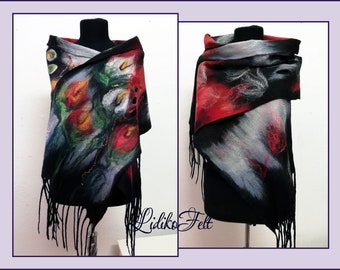 Two Sided Felted Merino Wool Scarf in BLACK RED GREEN White Flowers Felt Art to Wear Boho Spring Autumn Winter Women Wearable Art Gift