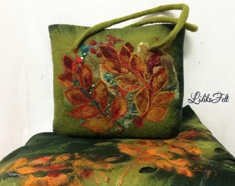 Bolso de hombro de fieltro con hojas de color verde, amarillo y naranja, estilo bohemio para otoño, invierno y primavera.