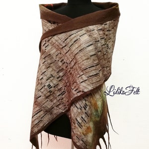 Two Sided Wool Silk Felted Scarf BROWN BEIGE Flowers Women Nunofelted Shawl Wrap Autumn Winter Colors image 3