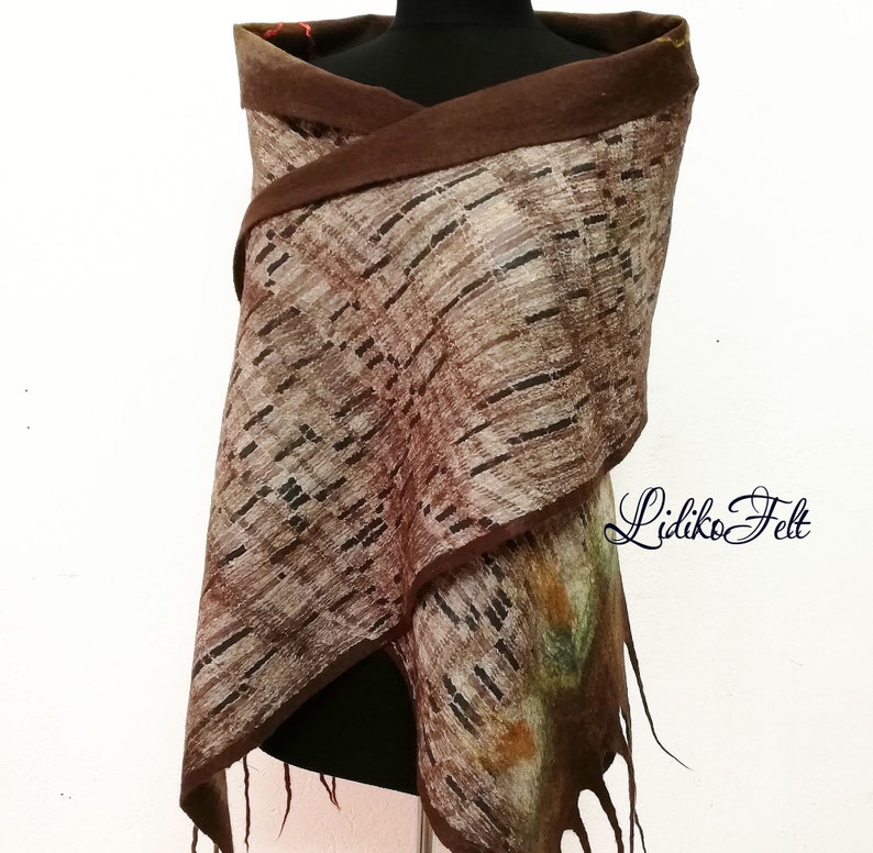 Two Sided Wool Silk Felted Scarf BROWN BEIGE Flowers Women Nunofelted Shawl Wrap Autumn Winter Colors image 3