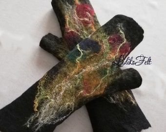 FeltedWool Fingerless Gloves in BLACK GREEN Autumn Flowers Women Felted Mittens Yarn-Felt Decorated