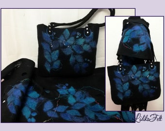 Women Felted BAG in BLACK BLUE Leaves, Autumn Winter Spring Boho Art, Wearable Art, Art to Wear Women Gift