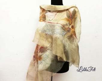 BEIGE Light GREEN Ivory Bridal Silk Ruffle Scarf Shawl, Wool Stole Evening WEDDING Wrap, Eco Print Silk, Boho Art to Wear Women Wearable Art