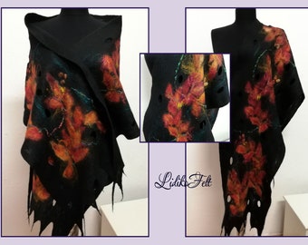 Felted Merino Wool Cobweb Scarf BLACK RED FLOWERS Christmas Shawl Wrap Cape Outdoor Autumn Winter Spring Boho Art, Wearable Art, Women Gift