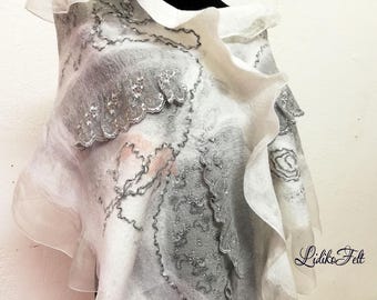 WHITE Pale Silver Gray BRIDAL Silk Ruffle Scarf Shawl Wool Stole Evening WEDDING Wrap Boho Art to Wear Women Bridal Fashion Felt Silk Art
