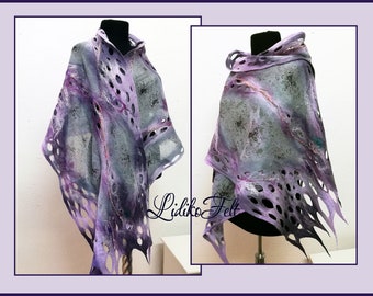 Nuno Felted Silk Scarf Shawl Wrap Shades of PURPLE, LILAC, GRAY, Women Spring, Summer, Autumn Shawl Wrap, Boho Art to Wear, Wearable Art