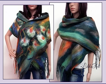 Two Sided Felted Merino Wool Scarf in GREEN BLUE and Orange Felt Art to Wear Boho Spring Autumn Winter Women Wearable Art Gift