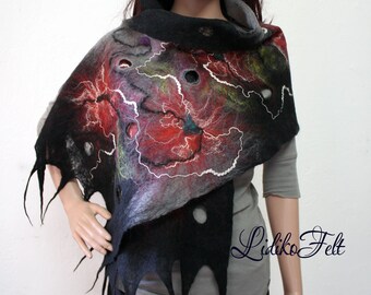 Cobweb Felted Wool Scarf Shawl Wrap BLACK Gray RED Flowers