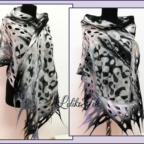 Nuno Felted Silk Scarf Shawl Wrap WHITE BLACK GRAY, Women Evening Spring, Summer, Autumn Shawl Wrap, Boho Art to Wear, Wearable Art, Wedding