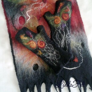 BLACK Felted Wool Fingerless Gloves RED Flowers Women Wool Mittens image 3