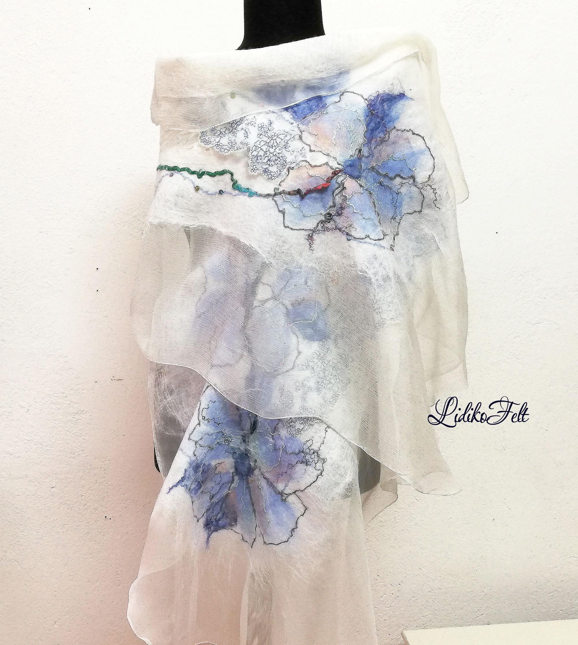 WHITE Blue BRIDAL Shawl Evening WEDDING Wrap Nuno Felt Scarf Silk Wool Boho Art to Wear Summer Autumn Spring Winter Stoles and Scarves