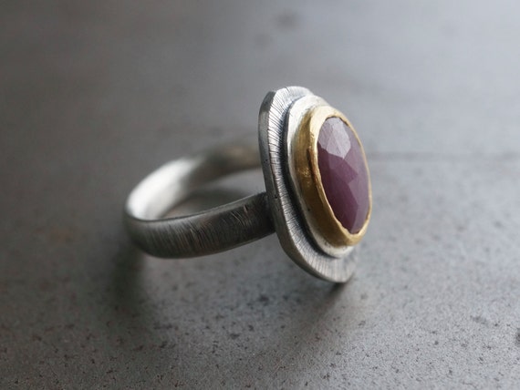 Red Sapphire 24K Gold Ring, Sterling Silver Statement Ring, Size 6.75