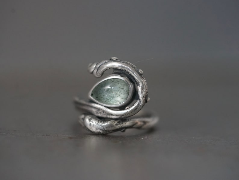 unique artisan jewelry alternative wedding Moss aquamarine and sterling silver twig ring handmade exquisite one of a kind size 6