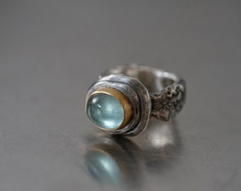 May include: A silver ring with a textured band and a light blue gemstone set in a gold bezel.