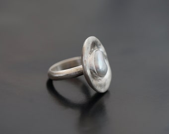 Freshwater pearl and sterling silver statement ring, size 6.25, unique ring, organic design, handmade jewellery,  modern, contemporary