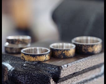 24K Gold on Oxidized Sterling Silver Ring: Unisex Wedding Band