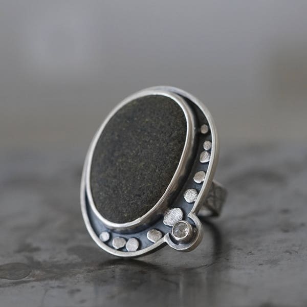 Large pebble and rose cut diamond ring, size 7.75, sterling silver statement ring, unique organic jewellery recycled silver, art jewellery