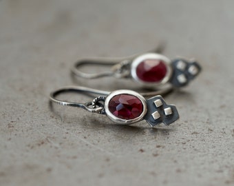 Garnet drop earrings, geometrical, embellished. ornamental, handmade, lightweight, one of a kind, sterling silver, red gemstone, exquisite,