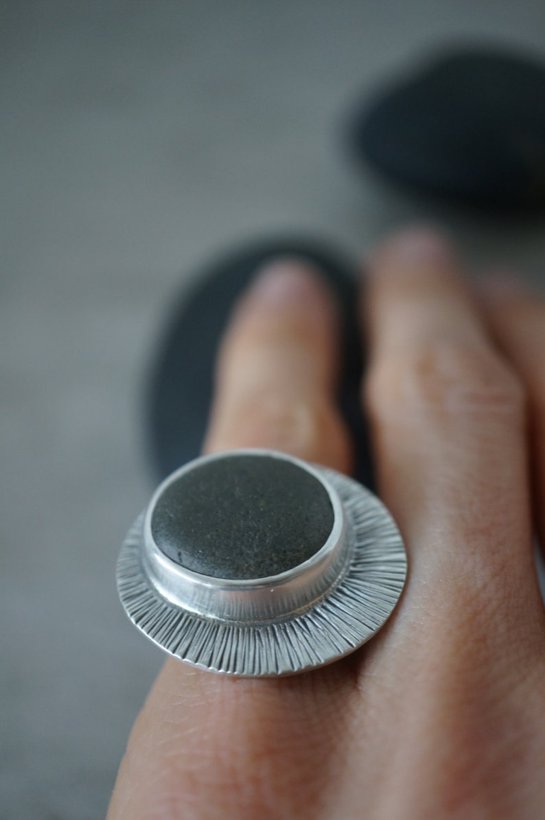 asymmeterical sterling silver ring size 5.25 modern minimalist ring contemporary design Grey beach pebble statement ring elegant ring