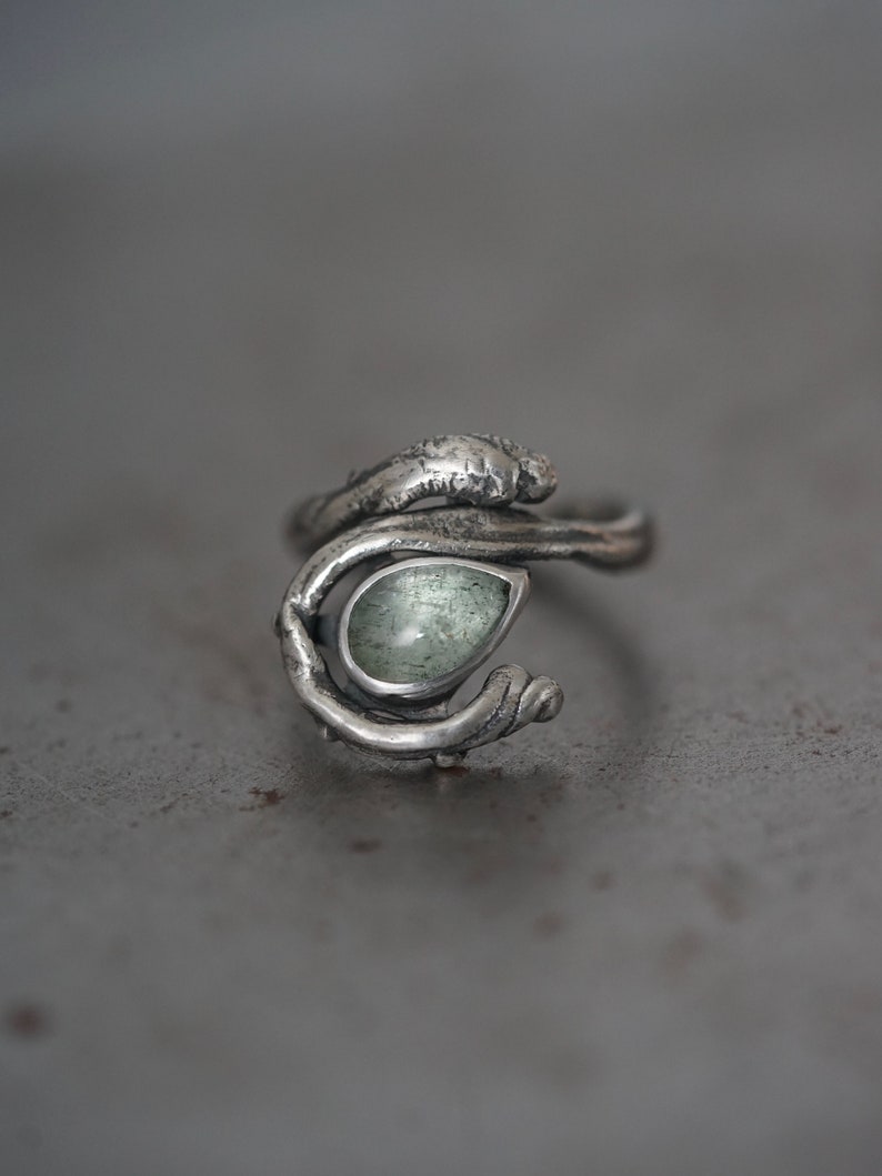 unique artisan jewelry alternative wedding Moss aquamarine and sterling silver twig ring handmade exquisite one of a kind size 6
