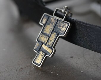 24K Gold & Black Silver Statement Pendant: Abstract Totemic Art Jewelry