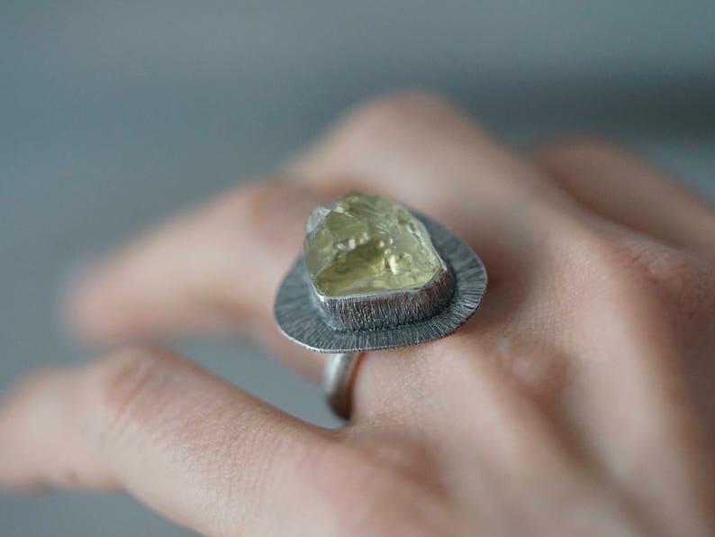 handmade ring raw crystal ring Lemon quartz statement ring size 6 organic jewellery solitaire ring unique ring sterling silver,