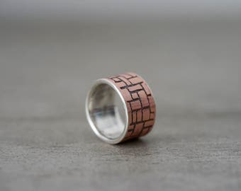 Etched copper and sterling silver ring, mixed metals ring, size 7, modern minimalist, contemporary jewellery, alternative wedding, textured