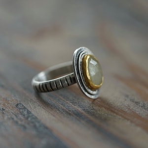 Light green sapphire and 24K gold ring, size 4.75, sterling silver, partner ring, organic, unique handmade jewellery, alternative wedding