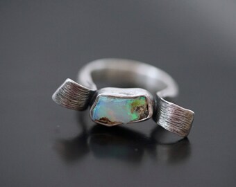 Handmade Raw Ethiopian Opal Ring: Oxidized Sterling Silver, Size 7.25