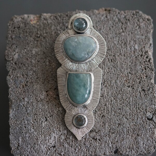 Aquamarine and sterling silver pendant, statement pendant, green blue teal gemstone, art jewellery, handmade, sea pendant, multi-stone